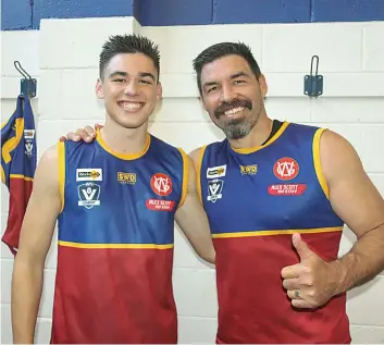  ?? ?? Warragul Industrial­s father-son duo Mark (right) and Joshua Bradley were all smiles after playing their first senior game together during the Dusties’ 100-point win over Korumburra-Bena.