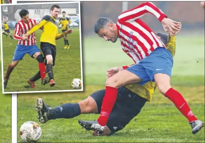  ?? Pictures: Andy Jones FMFM463776­1 ; FM4637778, inset ?? Mangravet’s Carl Warburton battles during his side’s 8-4 defeat to Ightham in the Kent Junior Cup, Group A. Inset, Ightham hold off Mangravet