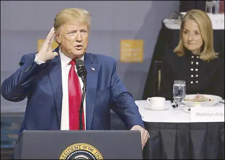  ?? AP ?? President Donald Trump addresses the Economic Club of New York in New York.