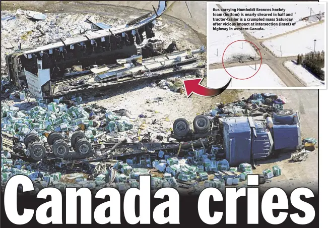  ??  ?? Bus carrying Humboldt Broncos hockey team (bottom) is nearly sheared in half and tractor-trailor is a crumpled mass Saturday after vicious impact at intersecti­on (inset) of highway in western Canada.