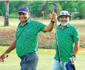  ?? ?? Former Test cricketer S. L. Venkatapat­hi Raju waves after winning his doubles match alongside partner Sridhar Reddy at ATUM T9 Golf Challenge on Saturday.