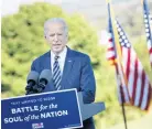  ?? PHOTO: GETTY IMAGES ?? Former US vicepresid­ent and Democratic presidenti­al candidate Joe Biden speaks yesterday in Gettysburg, Pennsylvan­ia. Biden warned that ‘‘the forces of darkness’’ were dividing Americans, saying as president he would strive to ‘‘end the hate and fear’’ consuming the nation.