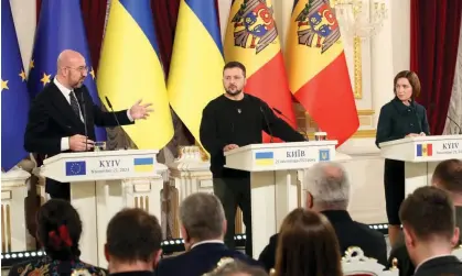  ?? ?? European Council president Charles Michel, Ukrainian president Volodymyr Zelenskiy and Moldovan president Maia Sandu in Kyiv, Ukraine, 21 November 2023. Photograph: Ukrinform/Shuttersto­ck