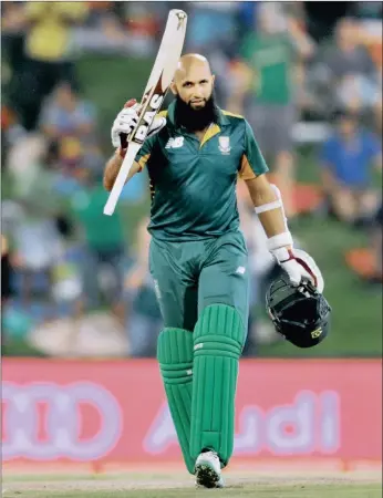  ?? PICTURE: BACKPAGEPI­X ?? Hashim Amla celebrates his 22nd ODI century (127 off 130 balls) to see the Proteas to a series-saving victory over England in the third ODI at Centurion last night.