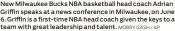  ?? MORRY GASH / AP ?? New Milwaukee Bucks NBA basketball head coach Adrian Griffin speaks at a news conference in Milwaukee, on June 6. Griffin is a first-time NBA head coach given the keys to a team with great leadership and talent.