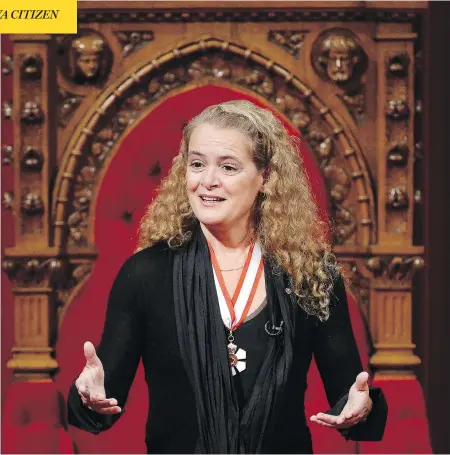  ?? ADRIAN WYLD / THE CANADIAN PRESS ?? Julie Payette delivers her first speech as Canada’s 29th Governor General from her seat in the Senate chamber in Ottawa last month. It’s not the role of the Governor General to mock people who believe in God, writes Kelly Parland.