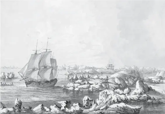  ?? NATIONAL LIBRARY OF AUSTRALIA ?? This etching shows Capt. James Cook’s ships, Resolution (left) and Discovery, searching in vain for the Northwest Passage in 1778.