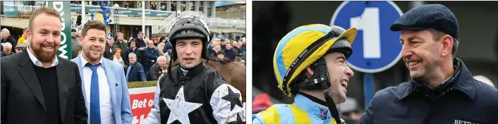  ??  ?? Jonathan Moore with golf star Shane Lowry (left) after riding Theatre of War at Leopardsto­wn in December.
Jonathan Moore shares a joke with trainer Gavin Cromwell after Alfa Mix won in Navan last December.