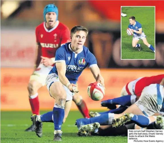  ??  ?? Italy scrum-half Stephen Varney gets the ball away. (Inset) Varney looks to attack the Wales defence.
Pictures: Huw Evans Agency