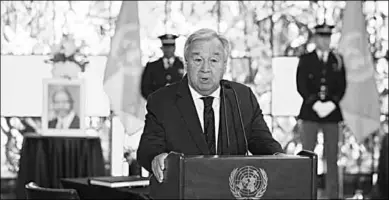  ??  ?? United Nations Secretary-General Antonio Guterres delivers his remarks after signing a book of condolence­s in memory of the late former SecretaryG­eneral Kofi Annan, at the UN headquarte­rs in New York. (Photo: Xinhua/Li Muzi)