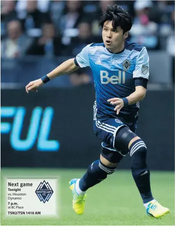  ?? DARRYL DYCK/THE CANADIAN PRESS ?? Next game Tonight vs. Houston Dynamo 7 p.m.
at BC Place
TSN2/TSN 1410 AM Vancouver Whitecaps striker Masato Kudo has been limited to just 15 minutes of play in two substitute appearance­s thus far this season.