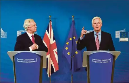  ?? AFP PIC ?? Britain’s Secretary of State for Exiting the European Union David Davis (left) and European Commission member in charge of Brexit negotiatio­ns with Britain, Michel Barnier, at a press conference at the European Commission in Brussels yesterday.