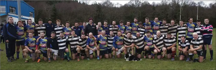  ??  ?? The Rathdrum RFC and Houndogs teams after their pitched battle on St Stephen’s Day at the Ivy Leaf. Photos: Noel McMullen