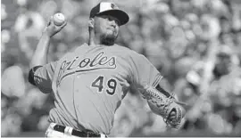  ?? KARL MERTON FERRON/BALTIMORE SUN ?? Yovani Gallardo’s win Saturday, in his first start in two months after suffering a shoulder injury, improved his career record against the Blue Jays to 4-0 with a 1.78 ERA.