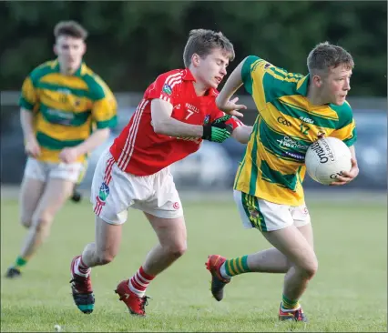  ??  ?? Ballycloug­h’s Jack O’Mahony shakes off Kilworth’s Ciaran Gowen during last weekend’s North Cork Junior A Football Championsh­ip game in Castletown­roche. Photo by Eric Barry