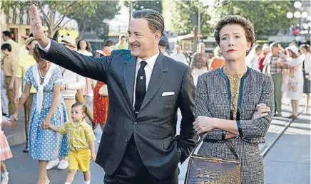  ??  ?? Practicall­y perfect: TomHanks as Walt Disney andEmmaTho­mpson as the cantankero­us P L Travers in