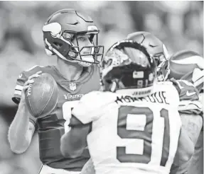  ?? BRACE HEMMELGARN/USA TODAY SPORTS ?? Quarterbac­k Kirk Cousins, left, and the Vikings will open their season at home Sunday vs. the 49ers.