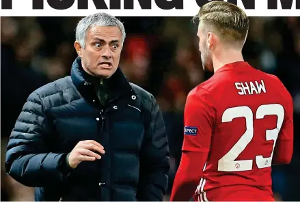  ?? OFFSIDE ?? Heated exchange: Jose Mourinho and Luke Shaw clashed during half-time against Brighton