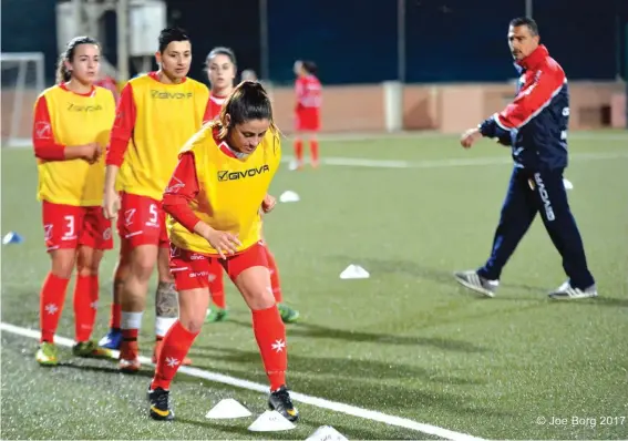  ??  ?? Some of the girls in Mark Gatt’s squad during a training session at Ta’ Qali Photo: Joe Borg