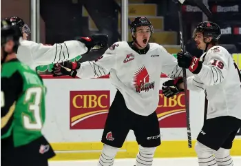  ??  ?? Josh Hoekstra celebrates his goal against the Prince Albert Raiders in the Warriors’ lone win of the week. Keith Hershmille­r photo