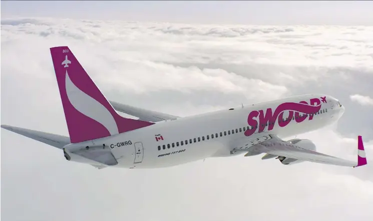  ?? THE CANADIAN PRESS/HO, WESTJET ?? WestJet Airlines says Swoop, its new ultra low-cost carrier (ULCC), will launch on June 20 after an initial launch earlier in 2017 was delayed. The airline will begin with six weekly flights between Abbotsford, B.C., and Hamilton, and six weekly...