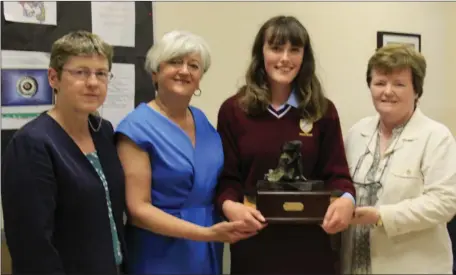  ??  ?? Lucy Hamilton who this year was chosen as transition year student of the year at Jesus and Mary Secondary School, Enniscrone. Lucy is pictured here receiving her award, along with Ms Teresa Irwin ( deputy principal), Dr Ann- Marie Clarke ( TY...