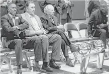  ?? Houston Chronicle file ?? Former player Vernon Maxwell, left, and former coach Rudy Tomjanovic­h joined then-owner Leslie Alexander in 2015 at the Rockets’ 20th anniversar­y of winning back-to-back titles. Rockets from page C1