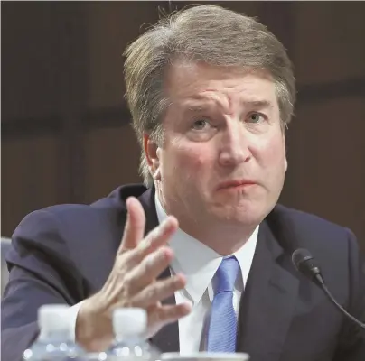  ?? AP PHOTOS ?? DELAYED: Supreme Court nominee Brett Kavanaugh, above and below left, appears on Capitol Hill. Allegation­s he sexually assaulted Christine Blasey Ford when they were teens have held up his confirmati­on.