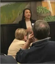  ?? GINGER RAE DUNBAR - DIGITAL FIRST MEDIA ?? Amber Little-Turner, Republican candidate for the Pennsylvan­ia state representa­tive seat in the 74th District, speaks at the Downingtow­n-Thorndale Regional Chamber of Commerce October Networking luncheon Thursday.