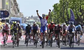  ?? Mattia D’Alberto/AP ?? ▲ Arnaud Démare was the rider celebratin­g at the finish in Messina. Photograph: Gian