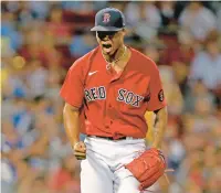  ?? MATT STONE/BOSTON HERALD ?? Red Sox pitcher Brayan Bello screams after striking out Blue Jays’ Bo Bichette during an Aug. 24 game at Fenway Park. Bello says his forearm felt tight but there is no pain after manager Alex Cora announced he’d be shut down for the weekend.