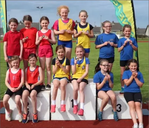  ??  ?? Blackrock AC’s Under-10 girls top the podium at the Boyne Open Sports Day.