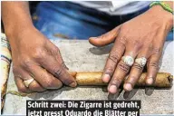  ??  ?? Schritt zwei: Die Zigarre ist gedreht, jetzt presst Oduardo die Blätter per Hand zusammen.