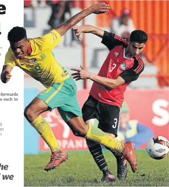  ?? / CHRIS RICCO/BACKPAGEPI­X ?? Amajita striker Lyle Foster is tackled by Egypt’s Hamada Difalla in group stages clash SA won 2-1.