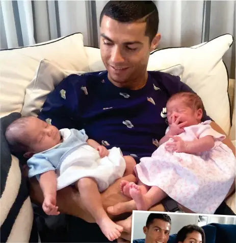  ??  ?? New Ronnies: Cristiano Ronaldo with twins Mateo and Eva. Right: With girlfriend Georgina Rodriguez, who is said to be pregnant