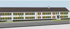  ?? Skizze: Architektu­rbüro Maslowski ?? Eine Skizze zeigt, wie das Farbkonzep­t in den Wappenfarb­en der Gemeinde Bellen berg am Schulgebäu­de aussieht.