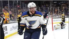  ?? BRUCE BENNETT/GETTY IMAGES/TNS ?? David Perron of the St. Louis Blues celebrates his third-period goal against the Boston Bruins in Boston on Thursday.