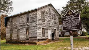  ?? PHOTOS BY MARK GILLILAND ?? David Myers Jr. exits the front door of the Chickamaug­a Masonic Lodge last fall. The lodge is an establishe­d national landmark but is desperatel­y in need of repairs if it is to survive as a place from which visitors can learn about its significan­t history.