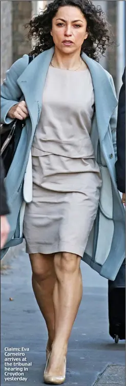  ??  ?? Claims: Eva Carneiro arrives at the tribunal hearing in Croydon yesterday