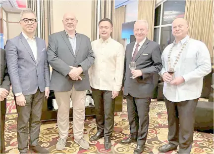  ?? ?? SKAL Makati new president Capt. Stanley Ng, PAL president and chief operating officer (center), with (from left) Newport World Resorts president Kingson Sian, Wilhelm Bolton, Marriott Manila general manager Bruce Winton and outgoing SKAL Makati president Farid Schoucair during the first SKAL GMM held recently. The event was held in cooperatio­n with Marriott Manila and Ralphs Wines and Spirits.