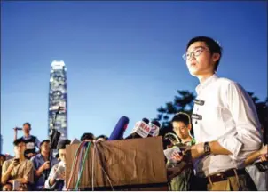  ?? ANTHONY WALLACE/AFP ?? Andy Chan, leader of the pro-independen­ce HKNP, gives a press conference at the start of a rally near the government’s headquarte­rs in Hong Kong in 2016.