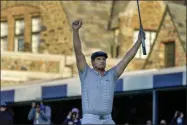  ?? CHARLES KRUPA- THE ASSOCIATED PRESS ?? FILE - In this Sunday, Sept. 20, 2020, file photo, Bryson DeChambeau, of the United States, reacts after sinking a putt for par on the 18th hole to win the U.S. Open golf tournament in Mamaroneck, N.Y. DeChambeau’s first major validated hiswork at getting bigger and stronger. He is the favorite going into the Masters.