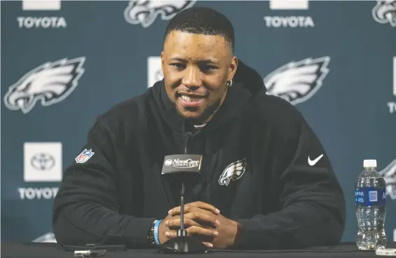  ?? CHRIS SZAGOLA/THE ASSOCIATED PRESS ?? Running back Saquon Barkley signed with the Philadelph­ia Eagles this week in a deal worth $37.5 million over four years.