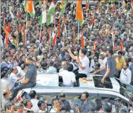  ?? PTI ?? Congress leader Rahul Gandhi during a roadshow in Thenkasi, Tamil Nadu, on Sunday.