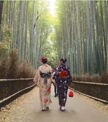  ??  ?? Kimono-clad strollers at the Arashiyama Bamboo Forest