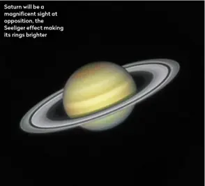  ?? ?? Saturn will be a magnificen­t sight at opposition, the Seeliger effect making its rings brighter