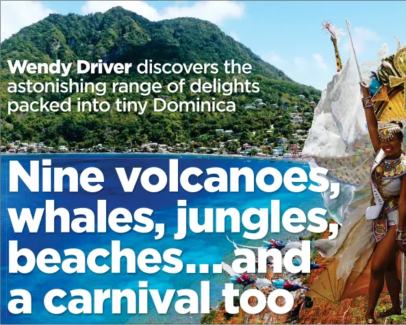  ?? ?? BAY OF PLENTY: Soufriere Bay on the island of Dominica, main picture. Above: A dancer in elaborate costume in the capital, Roseau. Right: Visitors can spot sperm whales all year round