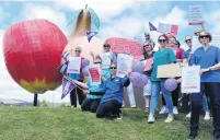  ?? PHOTO: KAREN PASCO ?? Queenstown and Cromwell nurses join forces at the Big Fruit sculpture yesterday to protest against the lack of pay parity for primary healthcare nurses.