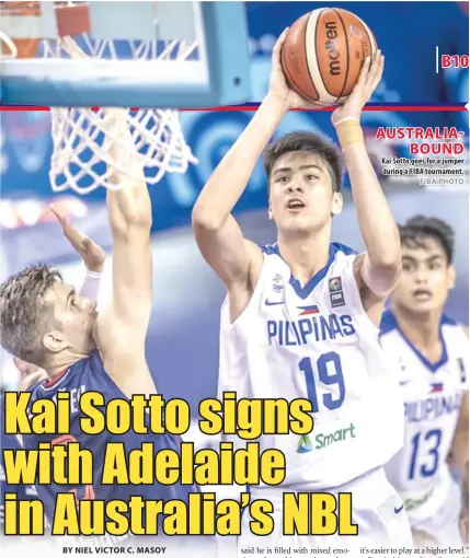  ?? FIBA PHOTO ?? AUSTRALIAB­OUND Kai Sotto goes for a jumper during a FIBA tournament.