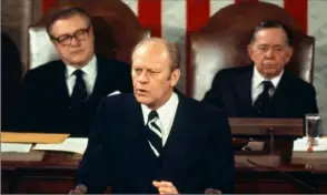  ?? Associated Press ?? President Gerald Ford delivers his 1975 State of the Union message, pronouncin­g the state of the union “not good” and called on the country to come together and “move in a new direction.”